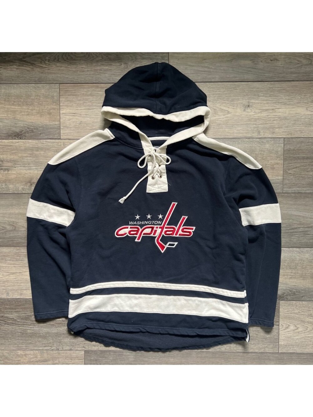 Men's L Pullover Washington Capitals Hockey NHL Hoodie Navy Blue Lace Up